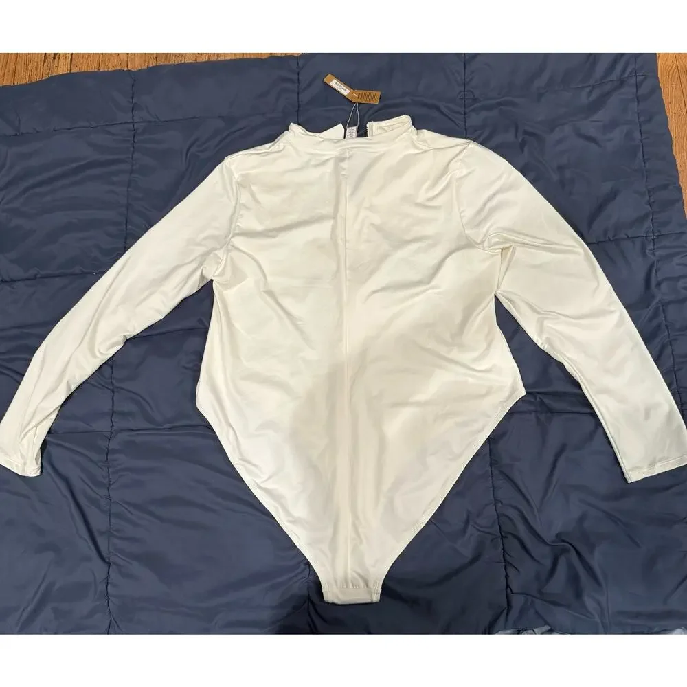SKIMS SWIM SIZE 4X ZIP UP FRONT LONG SLEEVE ONE PIECE MARBLE WHITE NWT